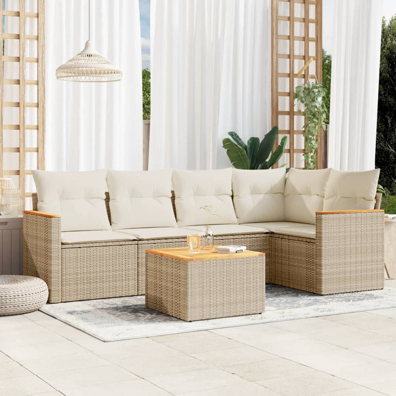 6-delige Loungeset met kussens poly rattan beige