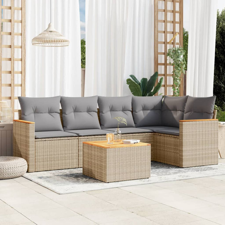 6-delige Loungeset met kussens poly rattan gemengd beige