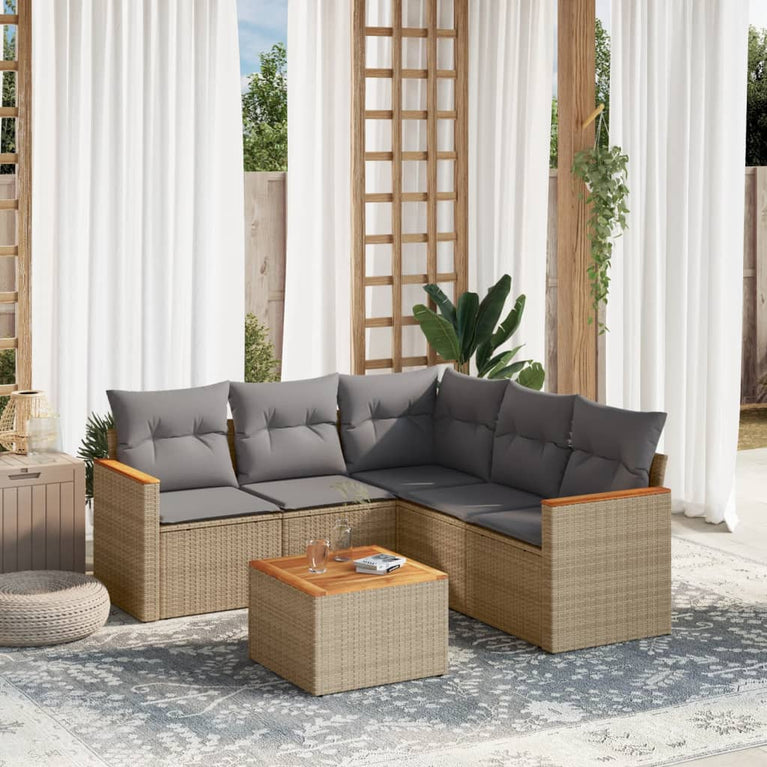 6-delige Loungeset met kussens poly rattan gemengd beige