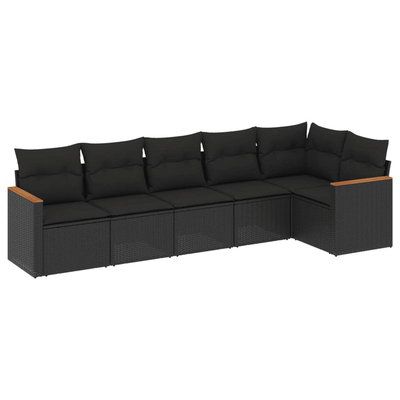 6-delige Loungeset met kussens poly rattan zwart