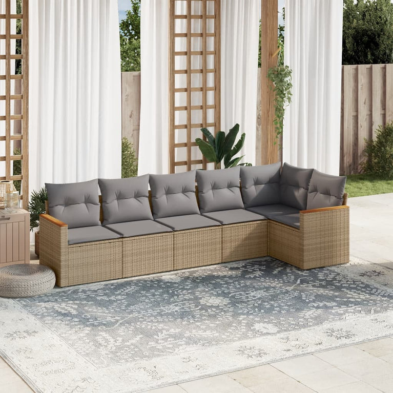 6-delige Loungeset met kussens poly rattan gemengd beige