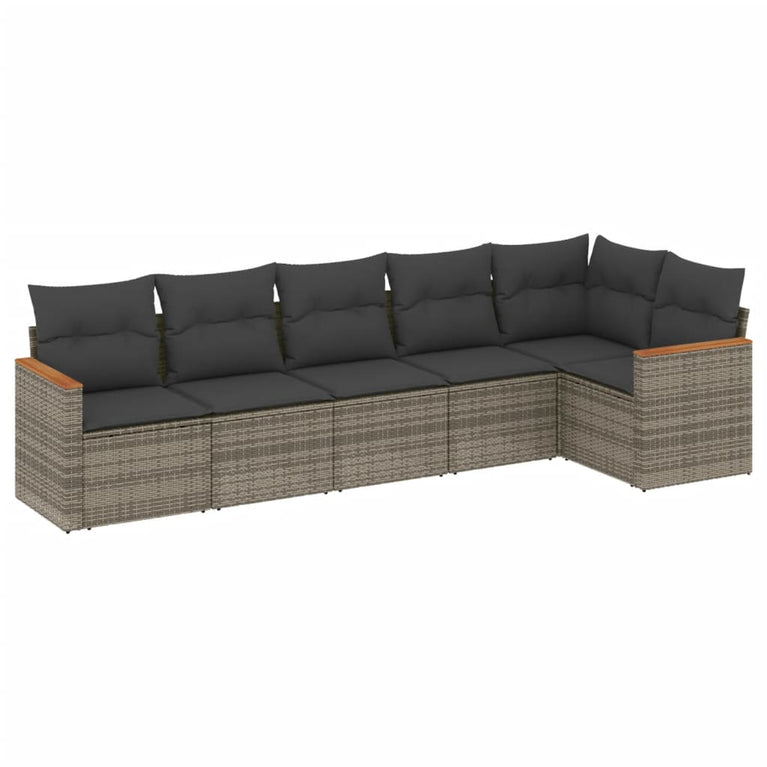 6-delige Loungeset met kussens poly rattan grijs