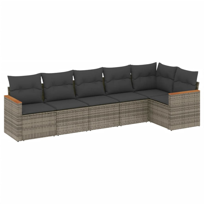 6-delige Loungeset met kussens poly rattan grijs