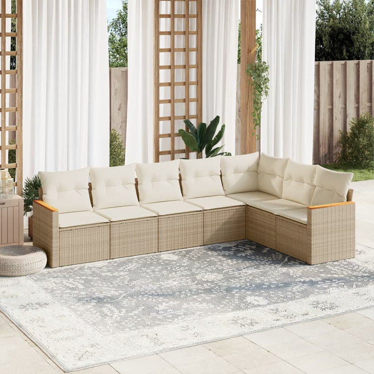 7-delige Loungeset met kussens poly rattan beige