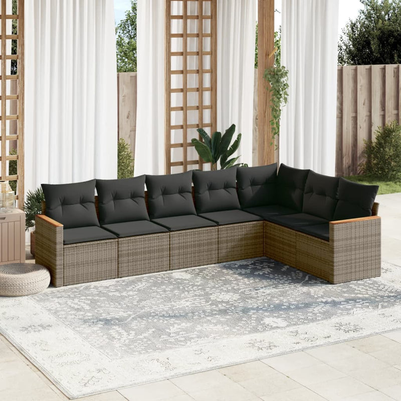 7-delige Loungeset met kussens poly rattan grijs