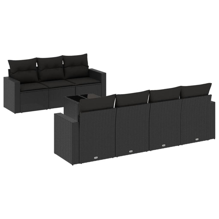 8-delige Loungeset met kussens poly rattan zwart