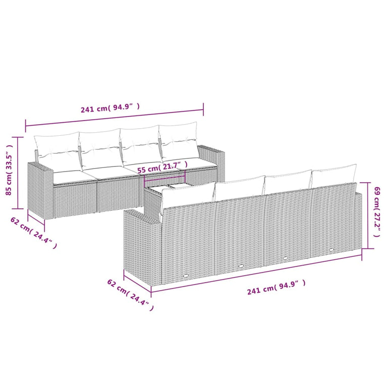 9-delige Loungeset met kussens poly rattan zwart