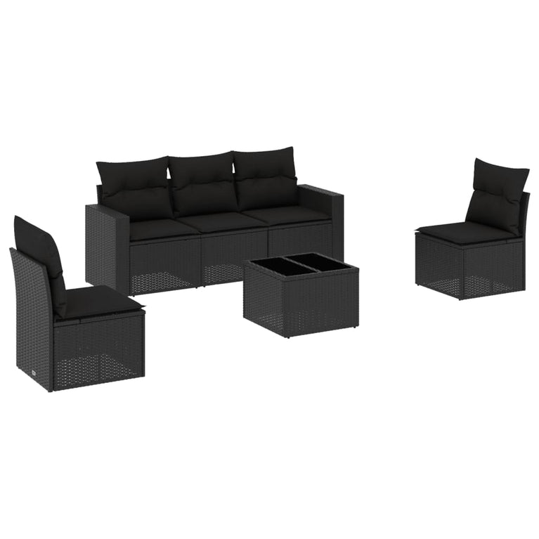 6-delige Loungeset met kussens poly rattan zwart