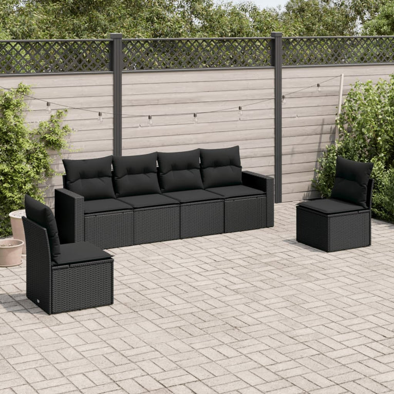 6-delige Loungeset met kussens poly rattan zwart