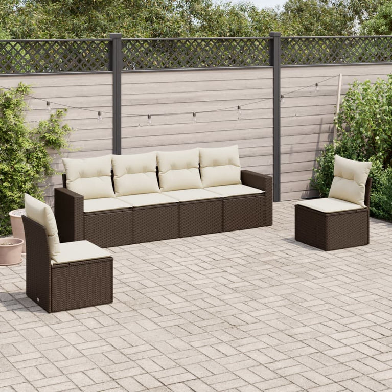 6-delige Loungeset met kussens poly rattan bruin