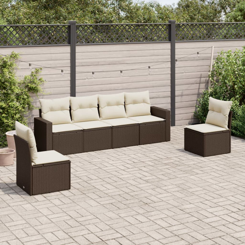 6-delige Loungeset met kussens poly rattan bruin