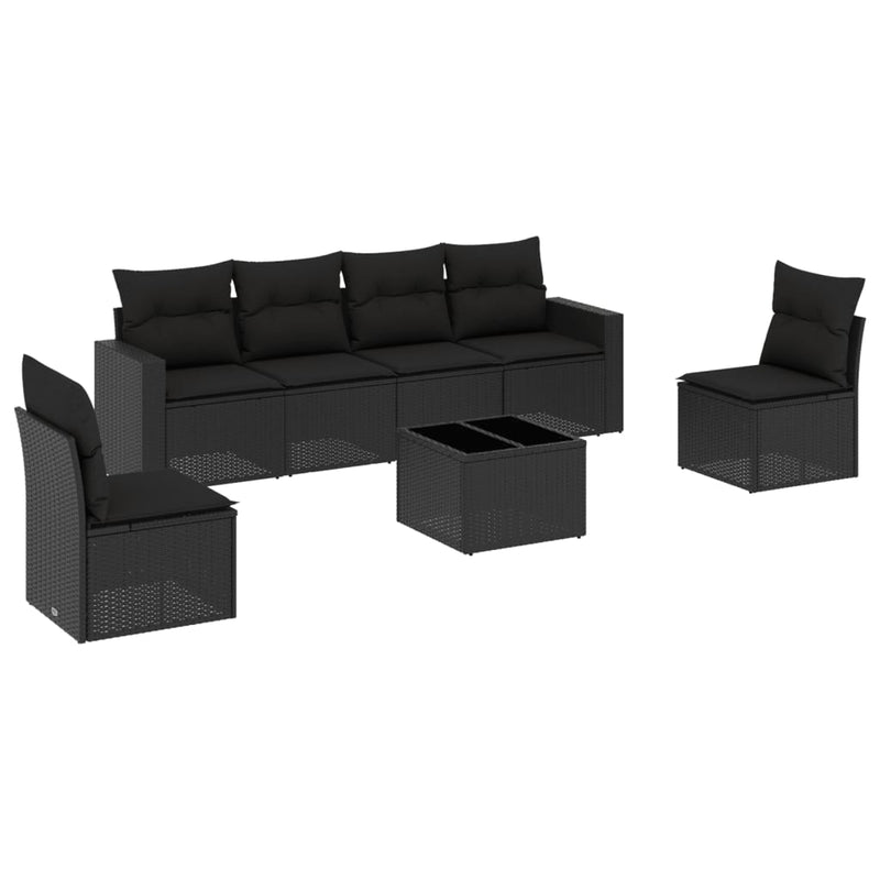 7-delige Loungeset met kussens poly rattan zwart
