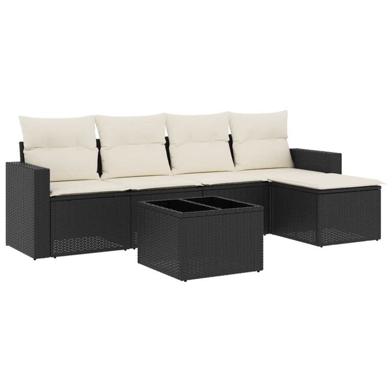 6-delige Loungeset met kussens poly rattan zwart