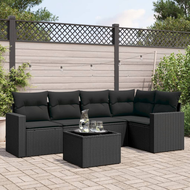 6-delige Loungeset met kussens poly rattan zwart