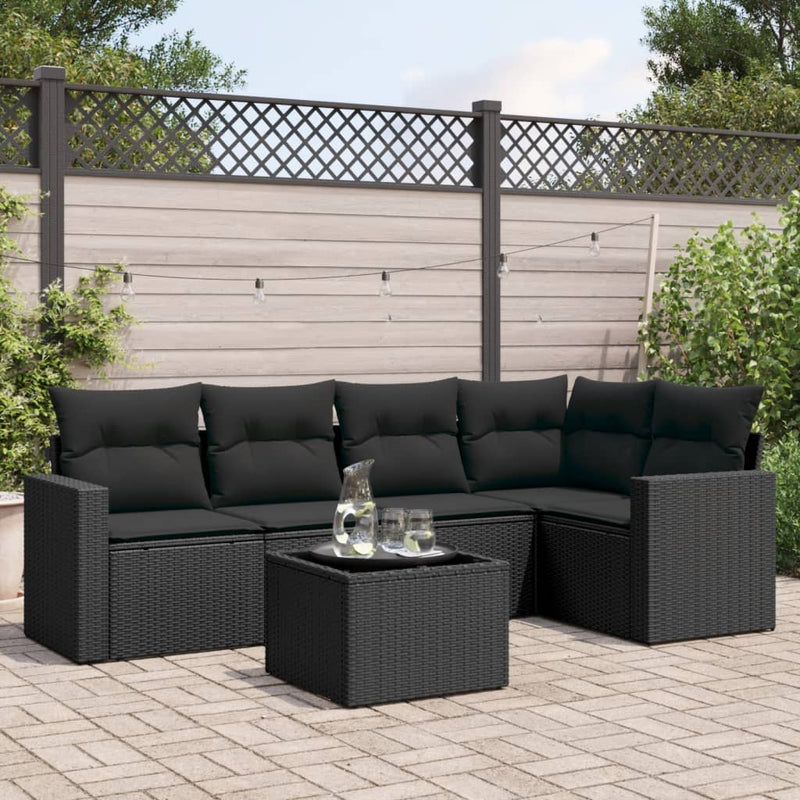 6-delige Loungeset met kussens poly rattan zwart