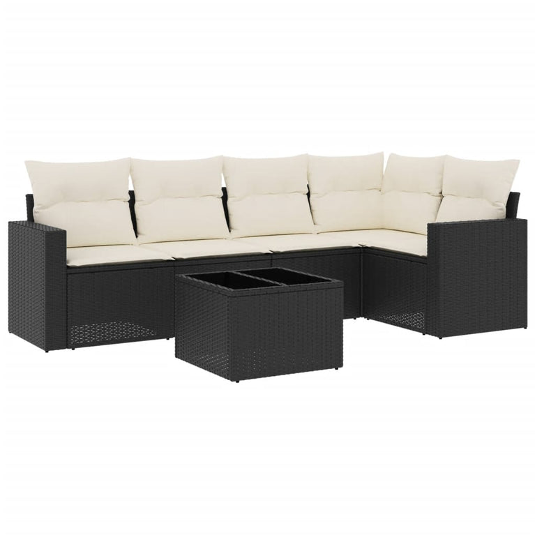 6-delige Loungeset met kussens poly rattan zwart