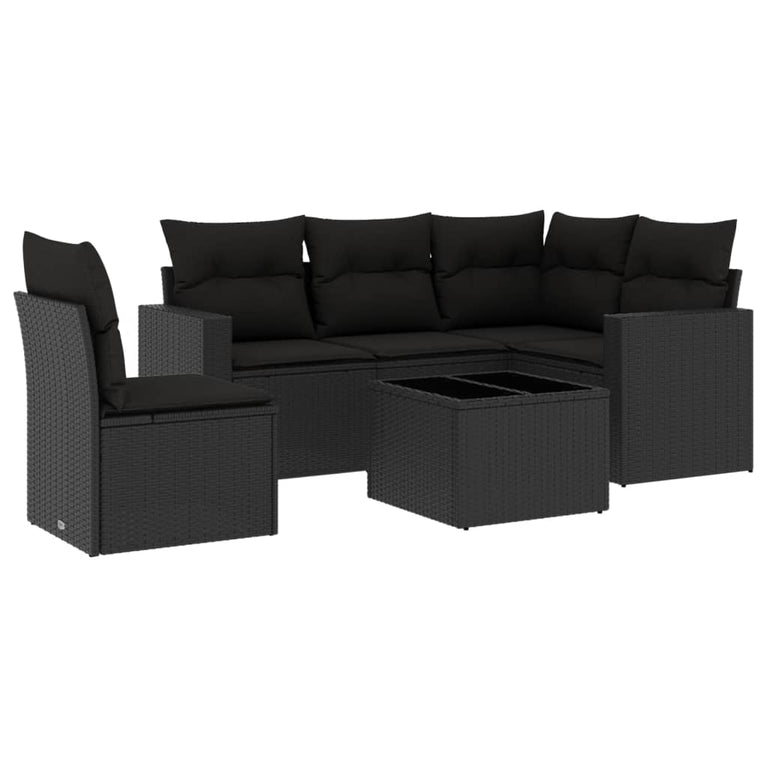 6-delige Loungeset met kussens poly rattan zwart