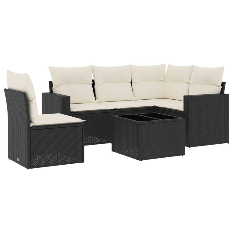6-delige Loungeset met kussens poly rattan zwart