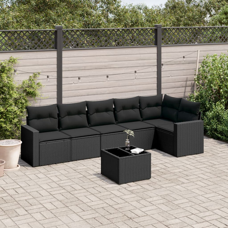 7-delige Loungeset met kussens poly rattan zwart