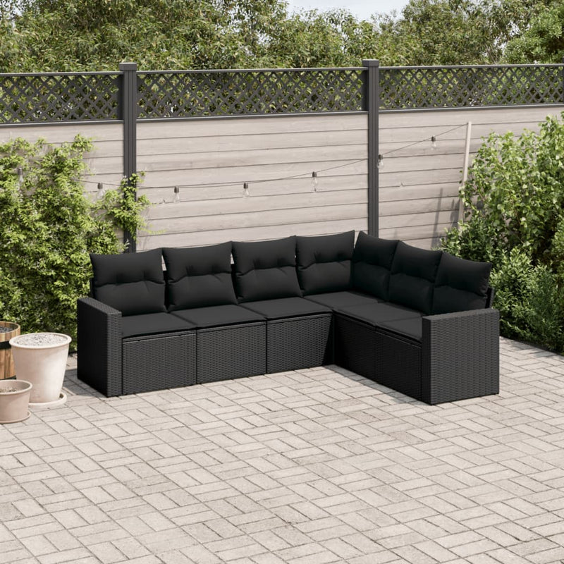 6-delige Loungeset met kussens poly rattan zwart