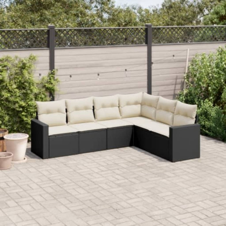 6-delige Loungeset met kussens poly rattan zwart