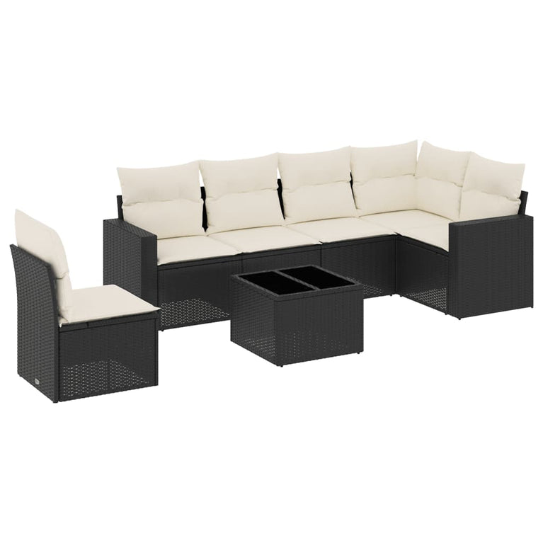 7-delige Loungeset met kussens poly rattan zwart