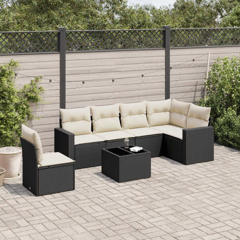 7-delige Loungeset met kussens poly rattan zwart