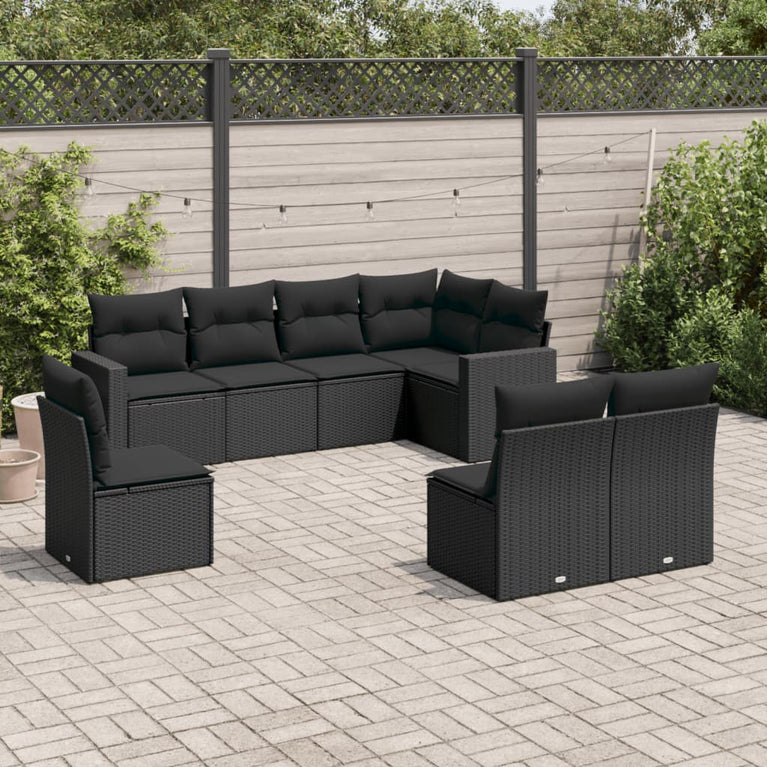 8-delige Loungeset met kussens poly rattan zwart