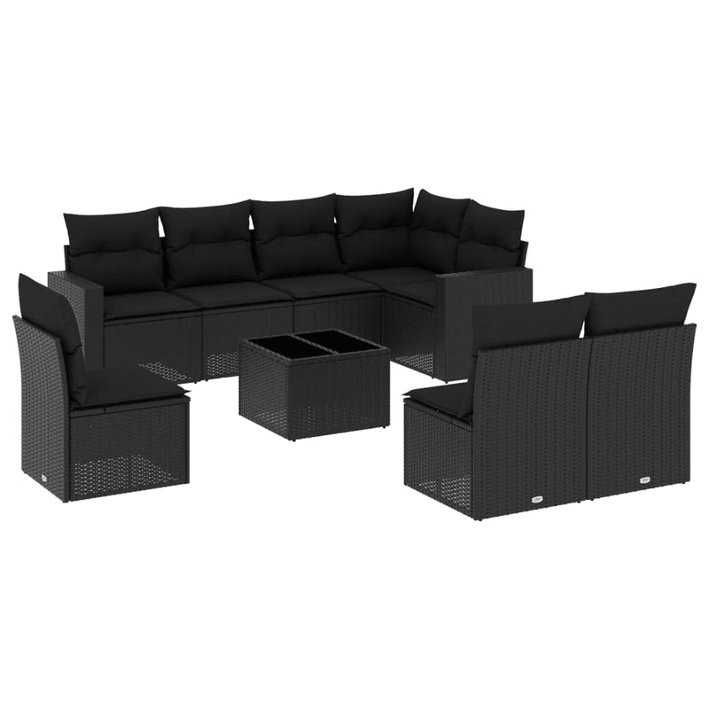 9-delige Loungeset met kussens poly rattan zwart