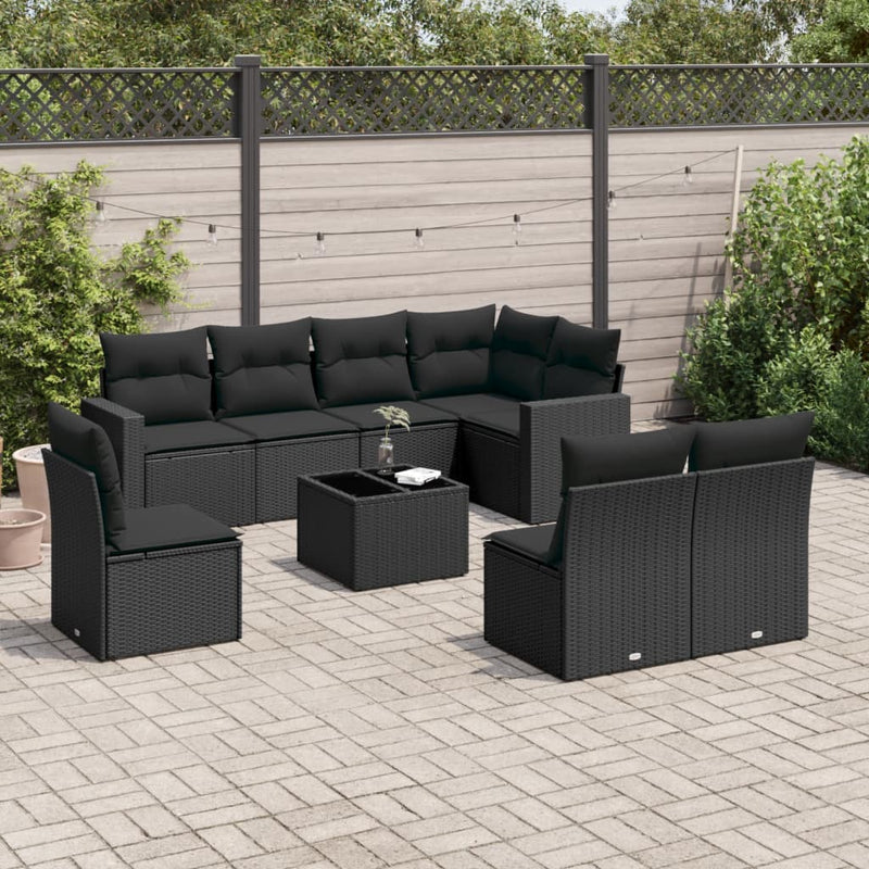 9-delige Loungeset met kussens poly rattan zwart