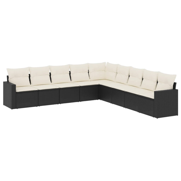 9-delige Loungeset met kussens poly rattan zwart
