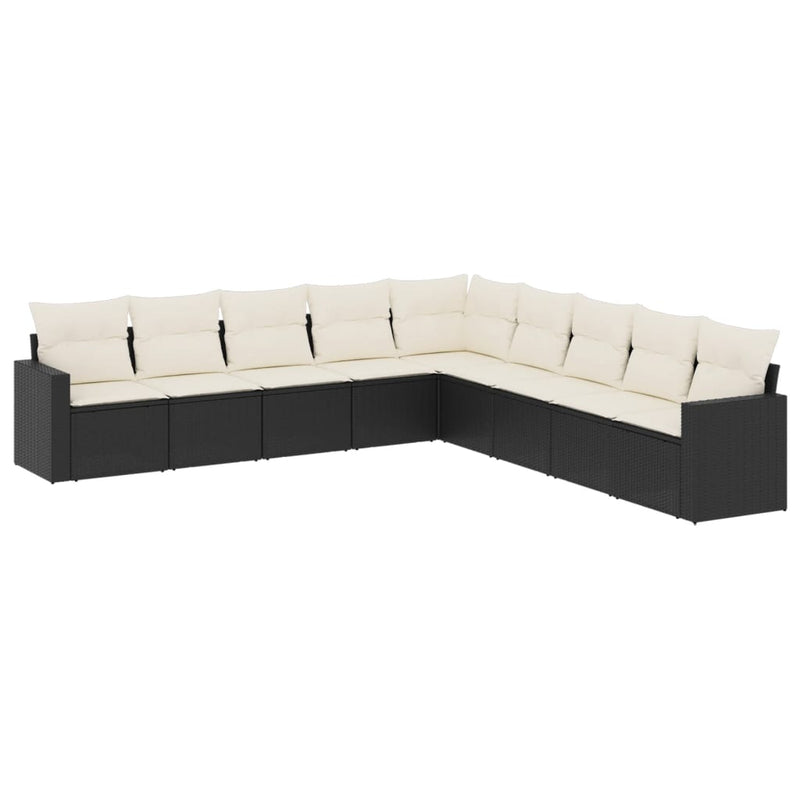9-delige Loungeset met kussens poly rattan zwart