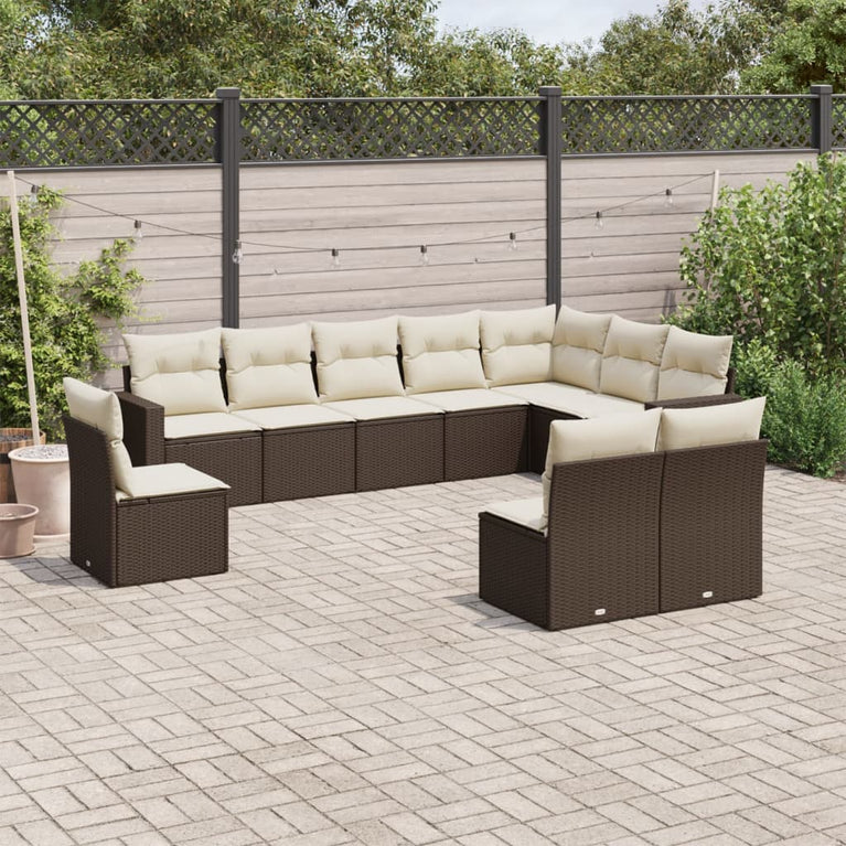 10-delige Loungeset met kussens poly rattan bruin