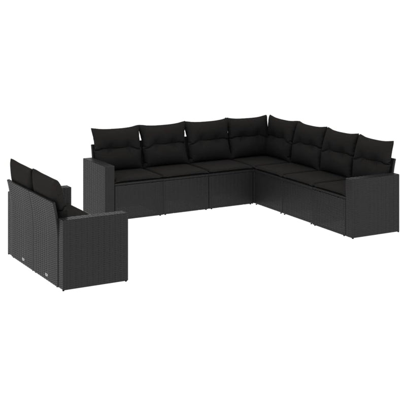 9-delige Loungeset met kussens poly rattan zwart
