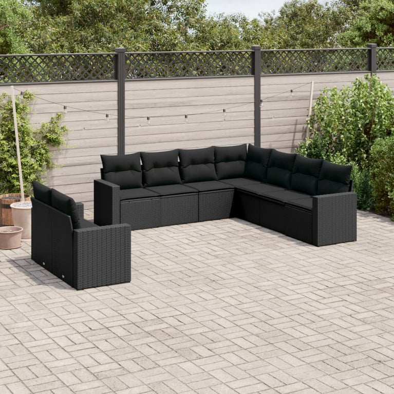 9-delige Loungeset met kussens poly rattan zwart