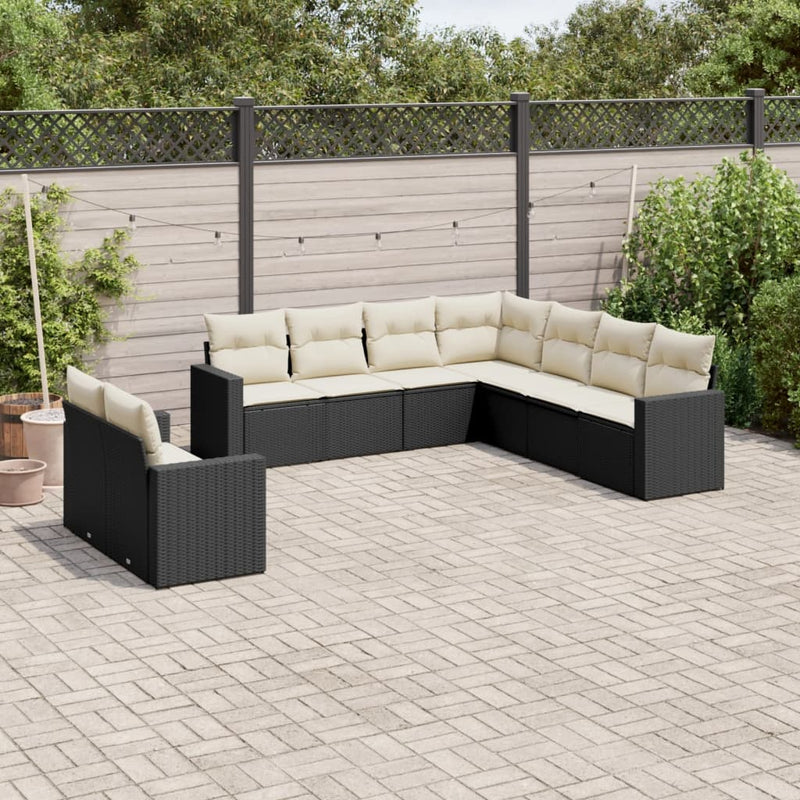 9-delige Loungeset met kussens poly rattan zwart