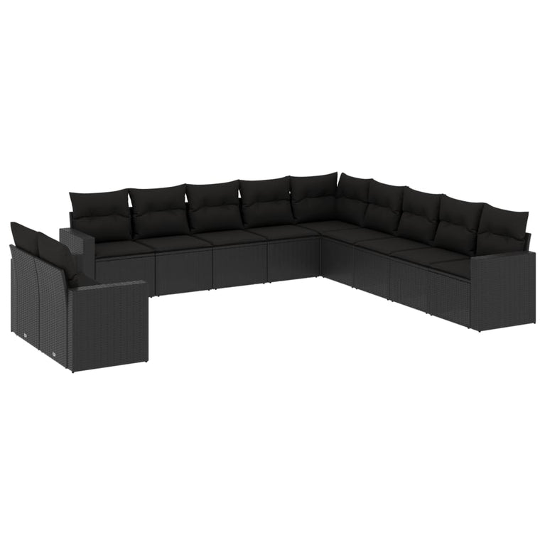 11-delige Loungeset met kussens poly rattan zwart