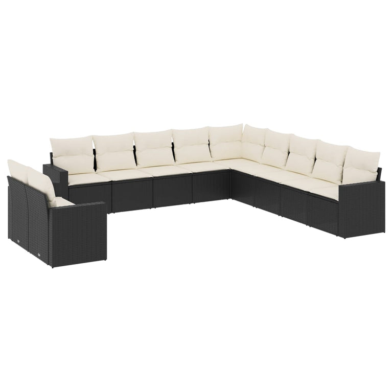 11-delige Loungeset met kussens poly rattan zwart