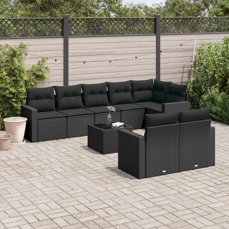 9-delige Loungeset met kussens poly rattan zwart