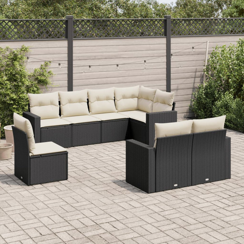 8-delige Loungeset met kussens poly rattan zwart