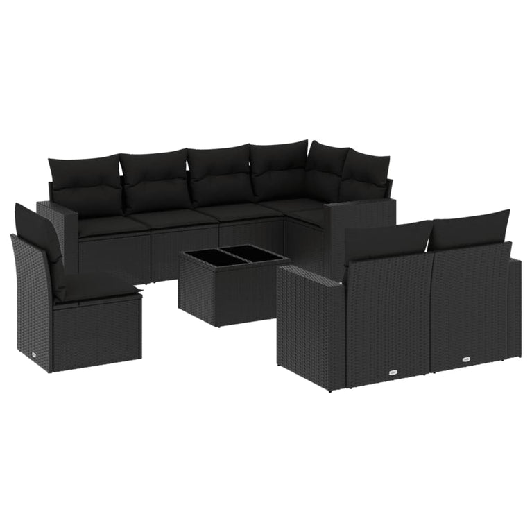 9-delige Loungeset met kussens poly rattan zwart