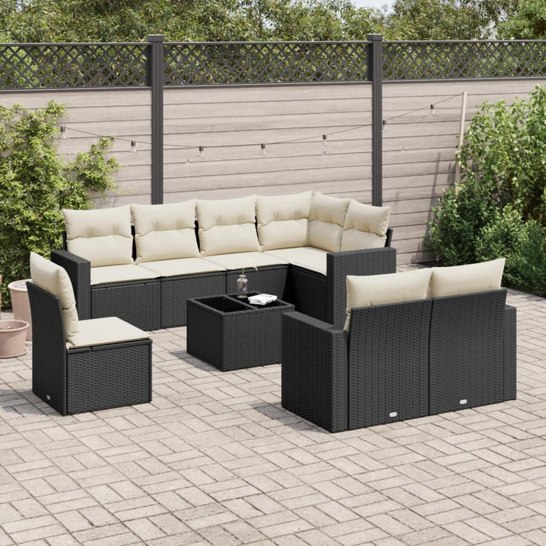 9-delige Loungeset met kussens poly rattan zwart