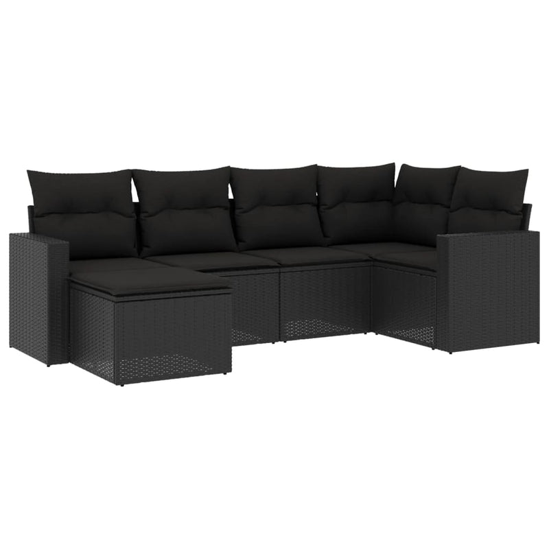 6-delige Loungeset met kussens poly rattan zwart