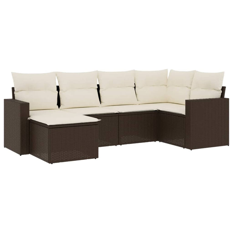 6-delige Loungeset met kussens poly rattan bruin