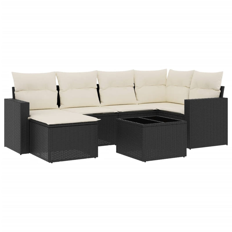 7-delige Loungeset met kussens poly rattan zwart