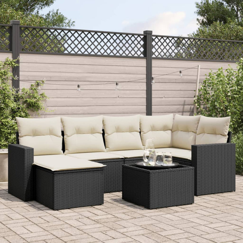7-delige Loungeset met kussens poly rattan zwart