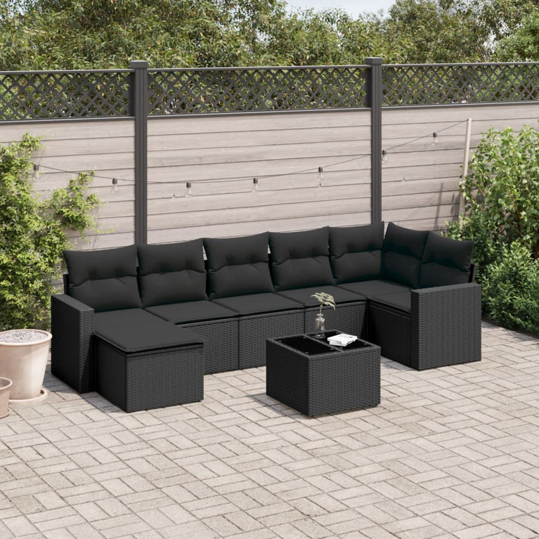 8-delige Loungeset met kussens poly rattan zwart