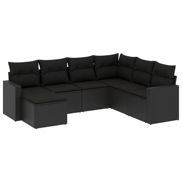 7-delige Loungeset met kussens poly rattan zwart