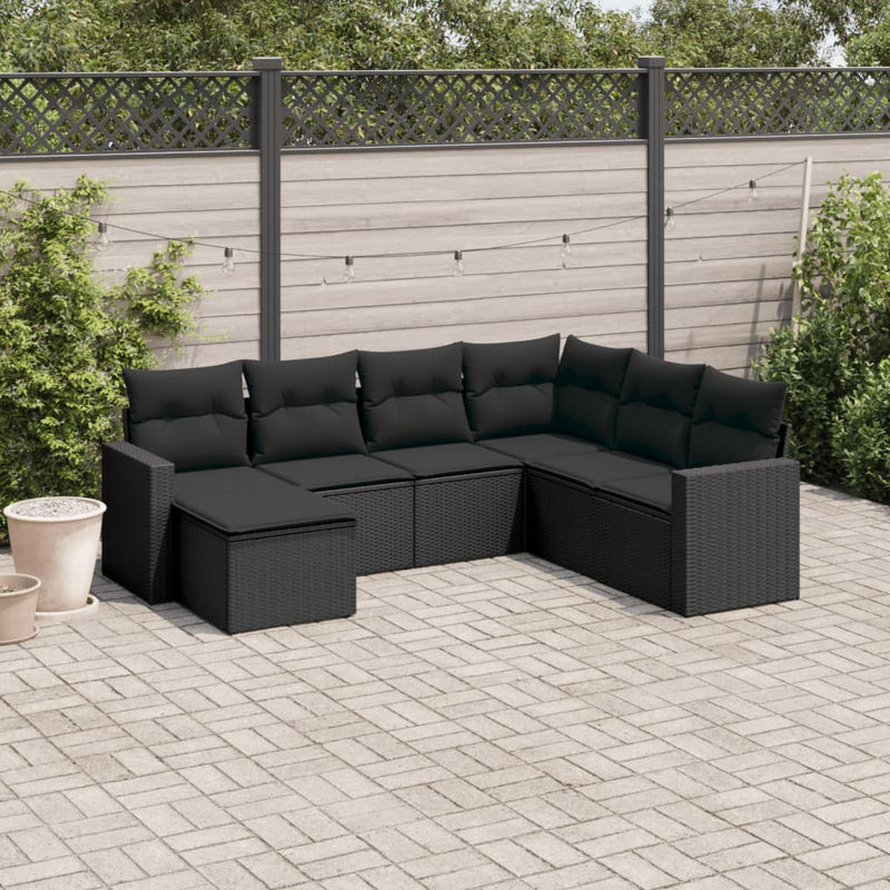 7-delige Loungeset met kussens poly rattan zwart