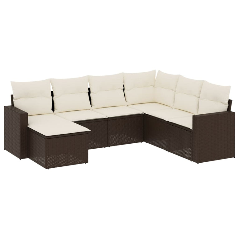 7-delige Loungeset met kussens poly rattan bruin